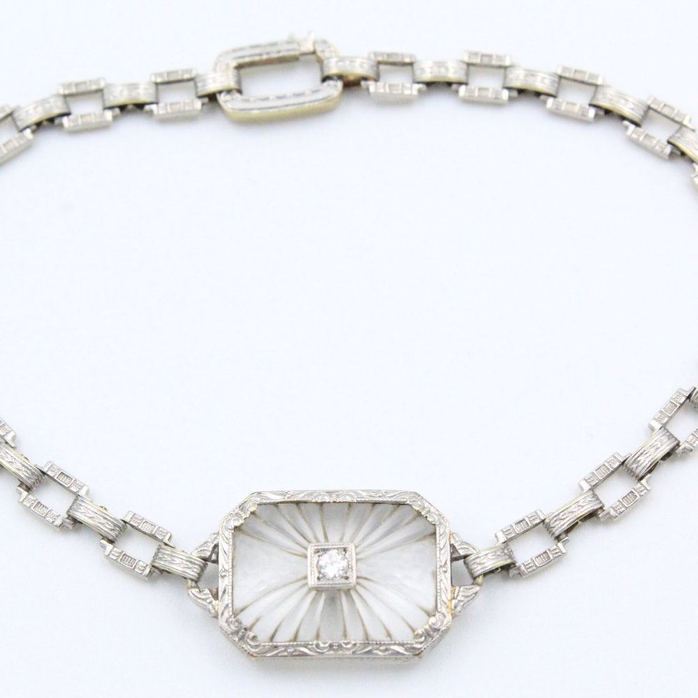Antique Art Deco Platinum Diamond 14K Gold Frosted Rock Quartz Crystal Bracelet